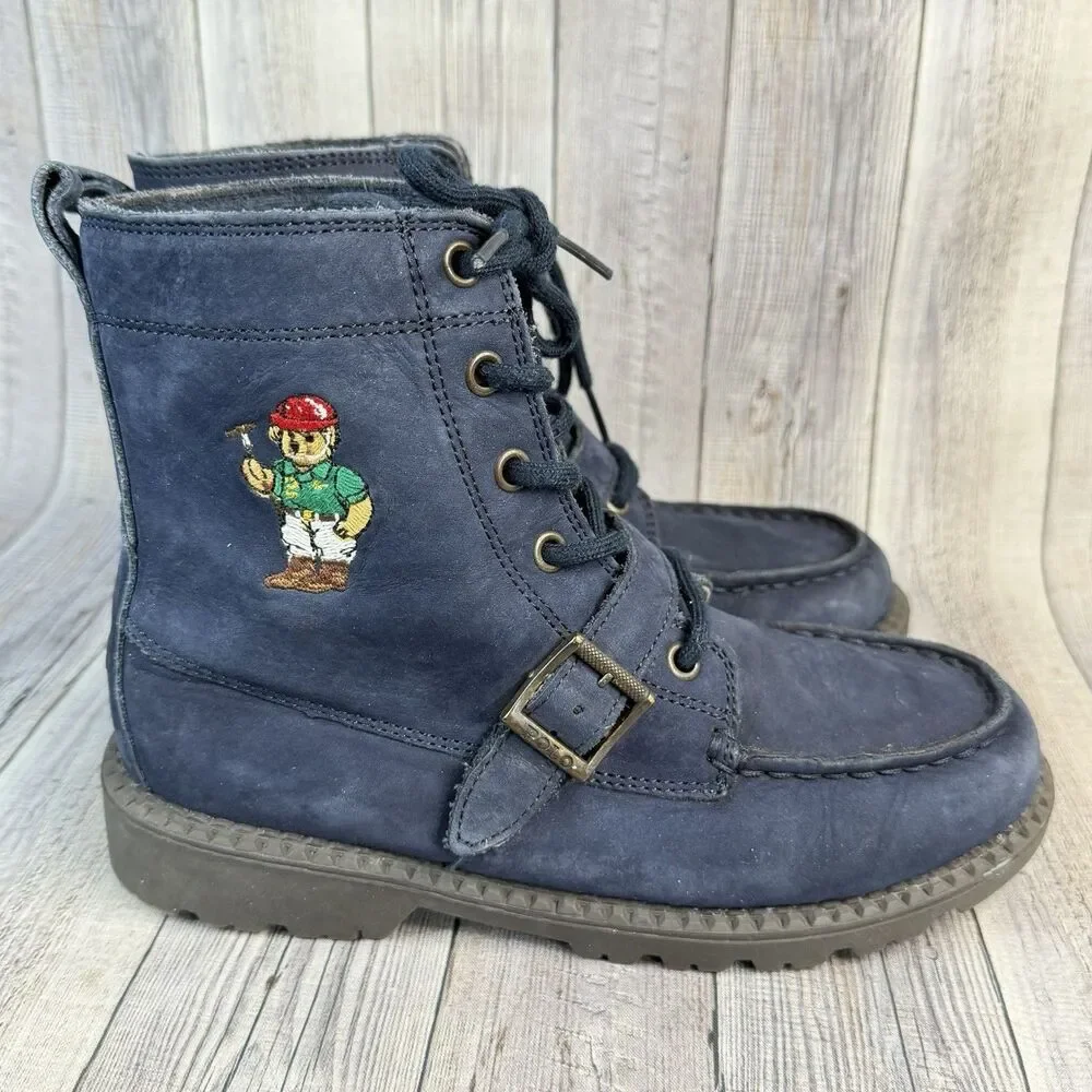 Polo Ralph Lauren Ranger HI II Mallet Bear Boots Blue Leather Kids Unisex SZ 3Y